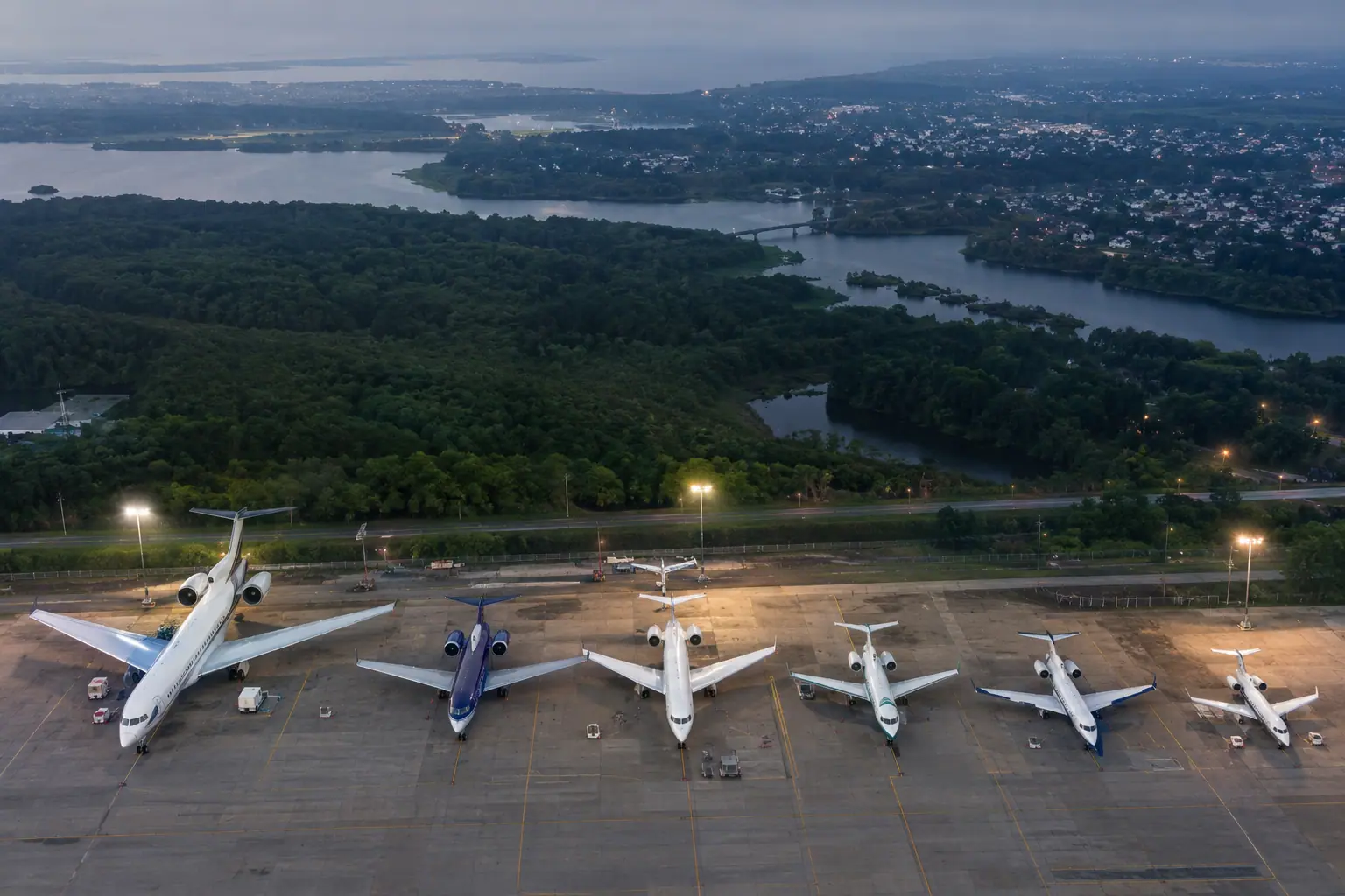 Business jets of different sizes on a ramp