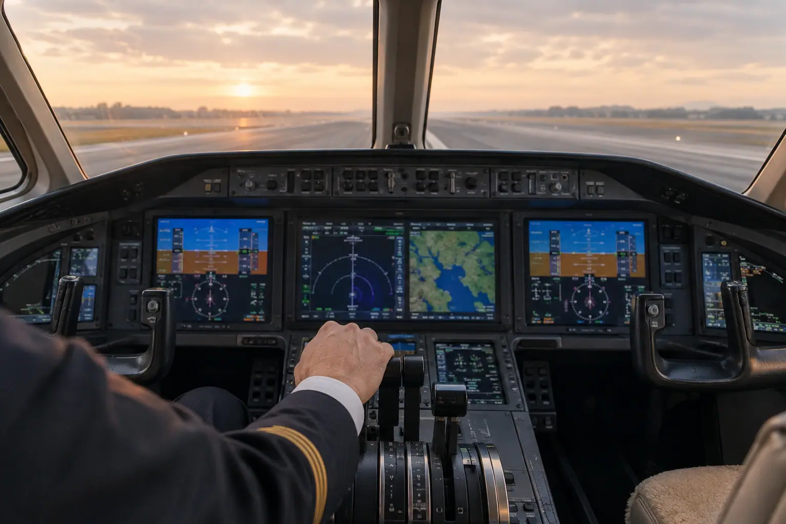Business jet cockpit before departure